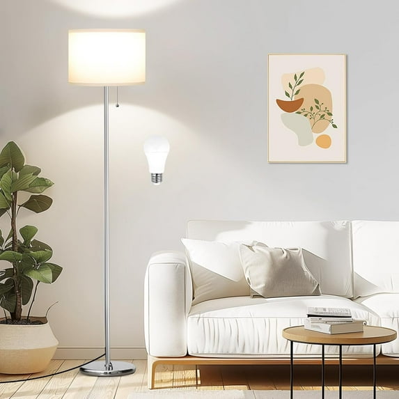 Floor Lamps for Living Room with 3 Color Temperatures Bulb & Pull Chain Switch, 60" Modern Standing Floor Lamp for Bedroom Kids Room Study Room(White Shade & Silver Pole)