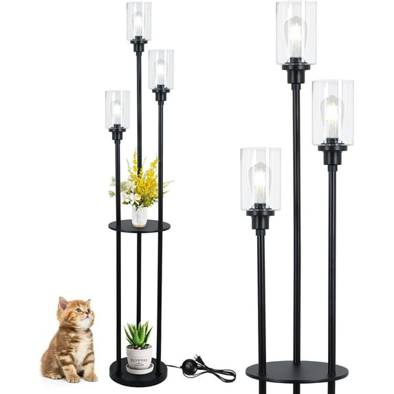 Floor Lamps for Living Room, 3-Lights Modern Floor Lamp with Shelves, Farmhouse Standing Lamp with Glass Shades, On/Off Foot Switch, Black Industrial Tall Lamp for Bedroom Office Corner(66")