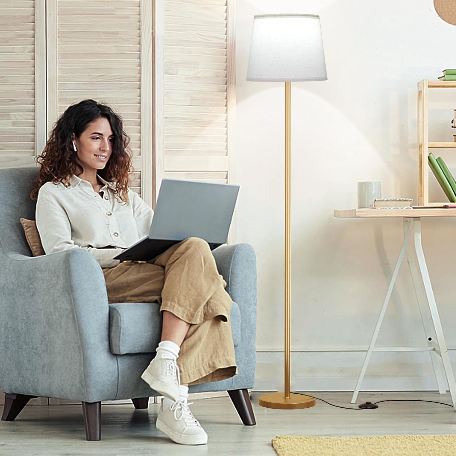Floor Lamps for Living Room - Modern Gold Floor Lamp with Remote Control, Dimmable Colors Temperature Standing Lamp with LED Bulbs, Tall Lamp for Bedroom Office Kid Room - Brass Gold
