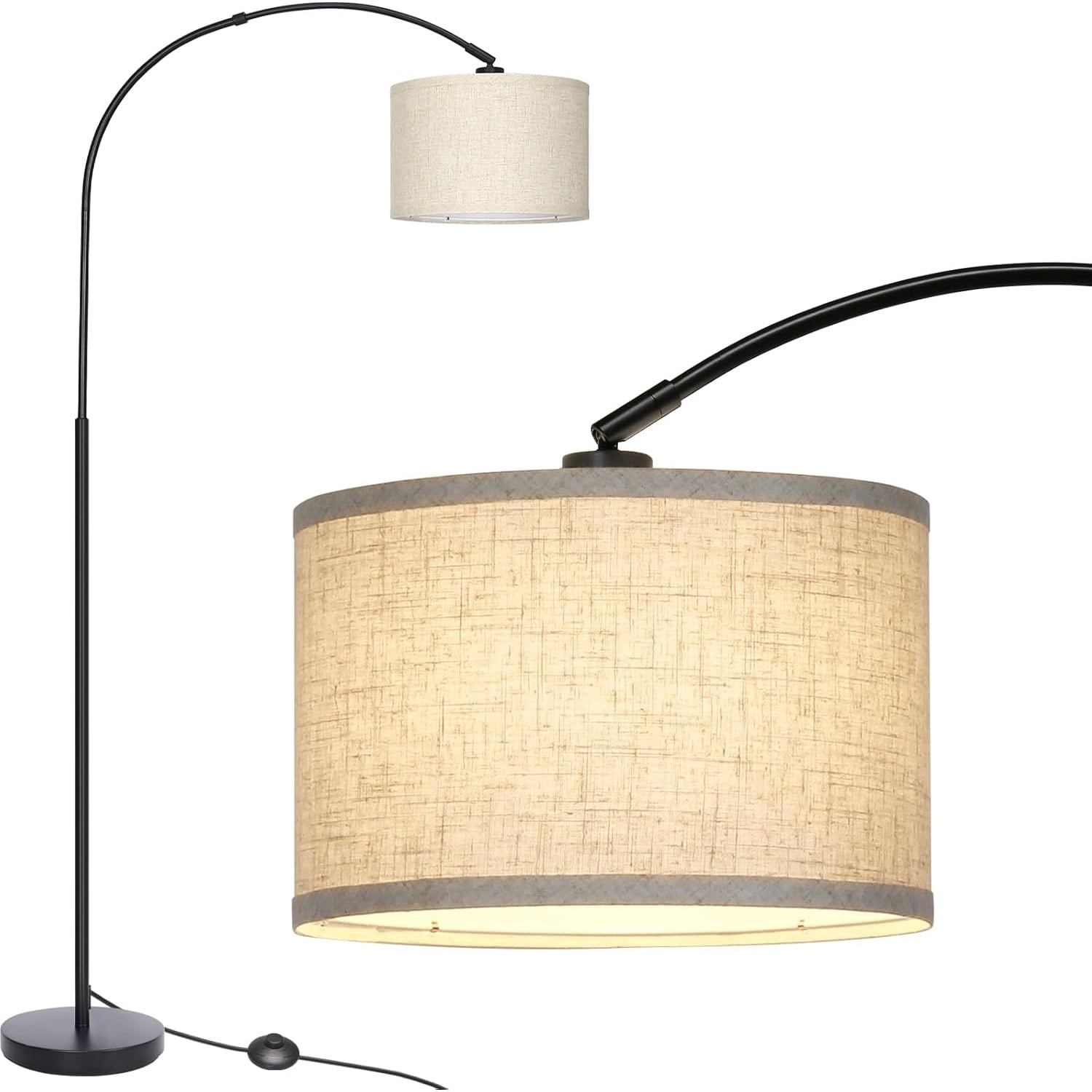Floor Lamps for Living Room, Modern Standing Lamp with Adjustable Hanging Drum Shade, Tall Pole Lamp with Foot Switch, Over Couch Arched Reading Light for Bedroom, Office (Black)