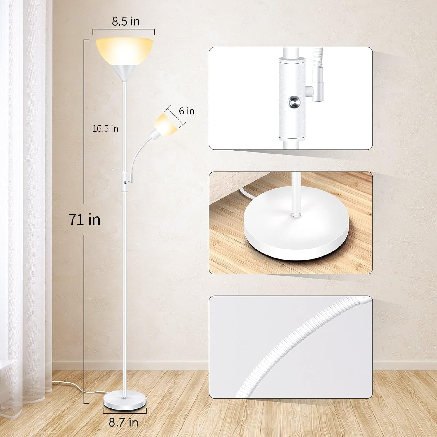 Floor Lamps for Living Room, Standing Lamp, 71" Tall Pole Lamps with Adjustable Reading Light, 3-Way Rotary Switch, Plastic Shade, Bright Corner Lamp for Bedroom, White(E26, No Bulb)
