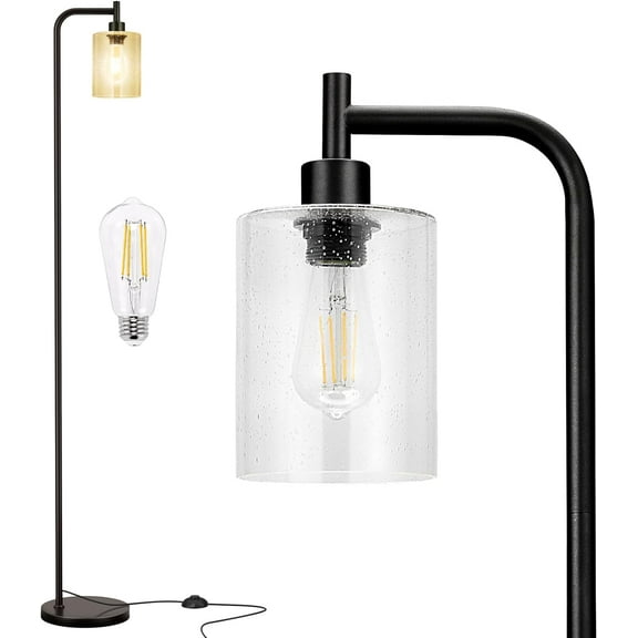 Floor Lamps for Living Room - Standing Lamp with Seeded Glass Shade, Modern Floor Lamp with LED Bulbs, Industrial Floor Lamp for Bedroom, Black Tall Lamp for Office(Light Bulb Included)