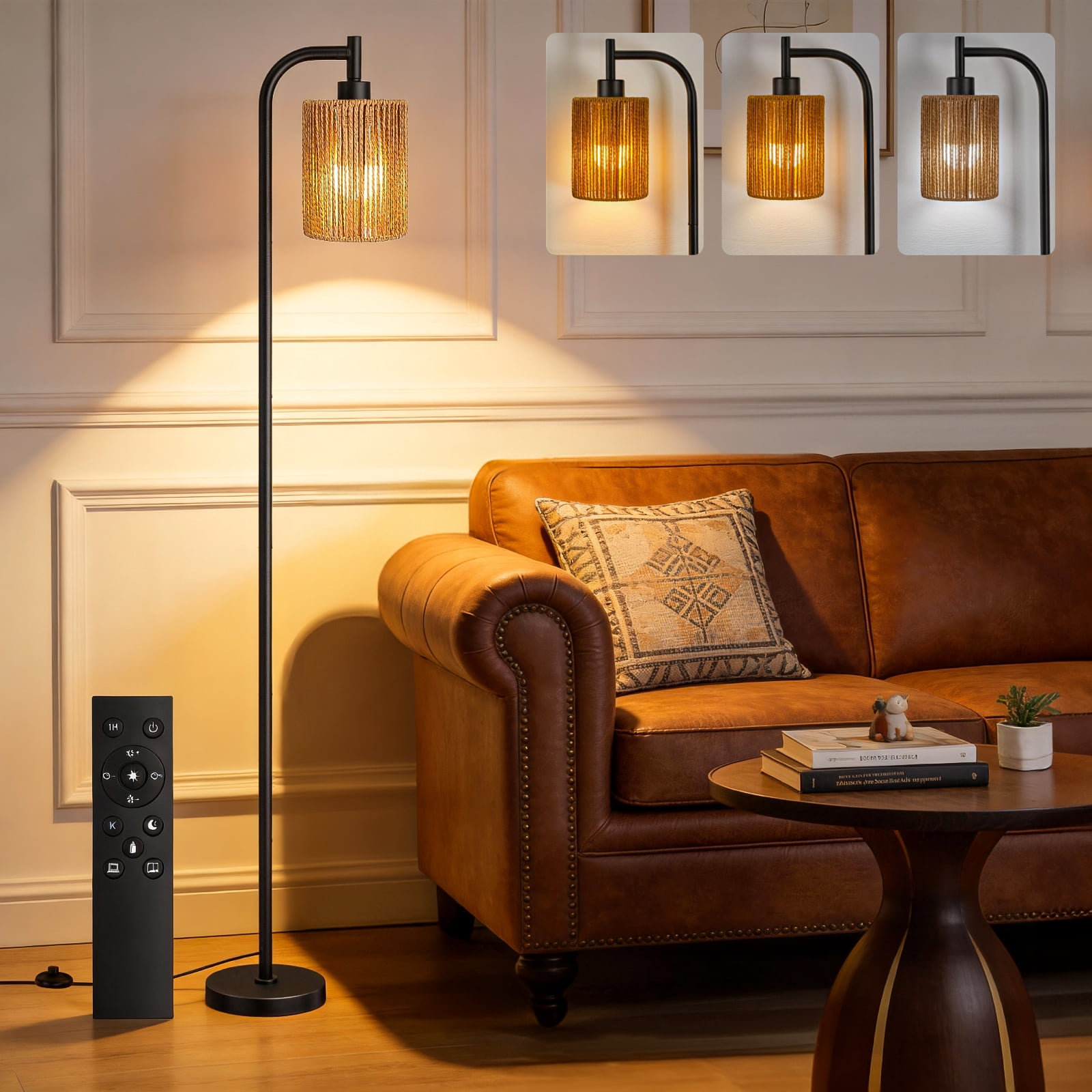 66" Rattan Floor Lamps for Living Room with Remote Control 3 Color Temperature Dimmable Boho Standing Lamp Tall Pole Lamps for Bedroom, Office,Black,Bulb Included