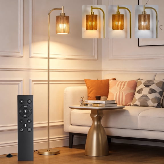 66" Rattan Floor Lamp for Living Room, Gold Boho Standing Lamp with Remote Control, Stepless Dimming and 3 Color Temperatures LED Light for Bedroom, Office