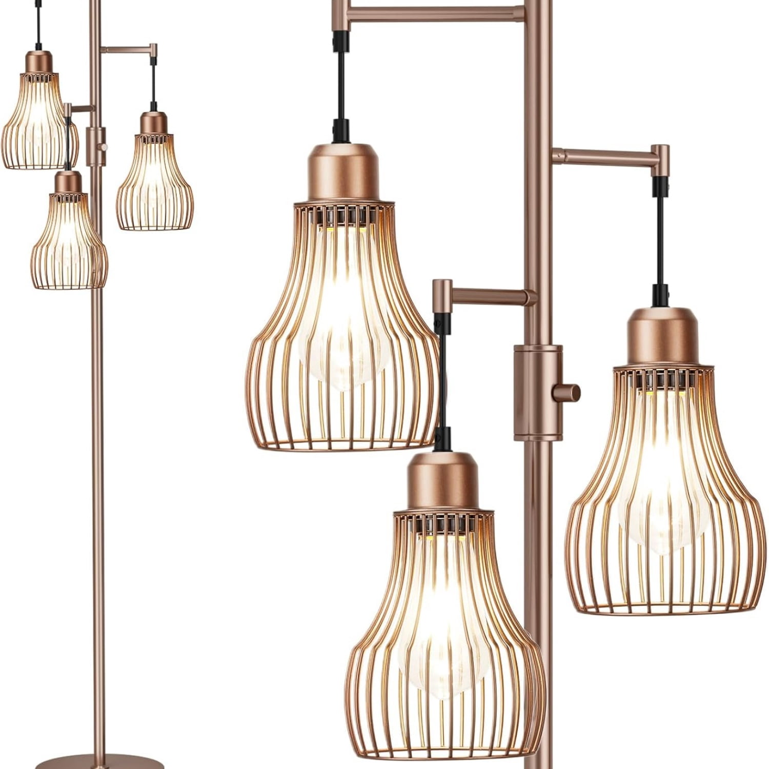 Floor Lamps for Living Room, Industrial Tree Standing Tall Lamps with 3 Elegant Cage Shade & 800 Lumens LED Bulbs for Bedroom Office - Brown