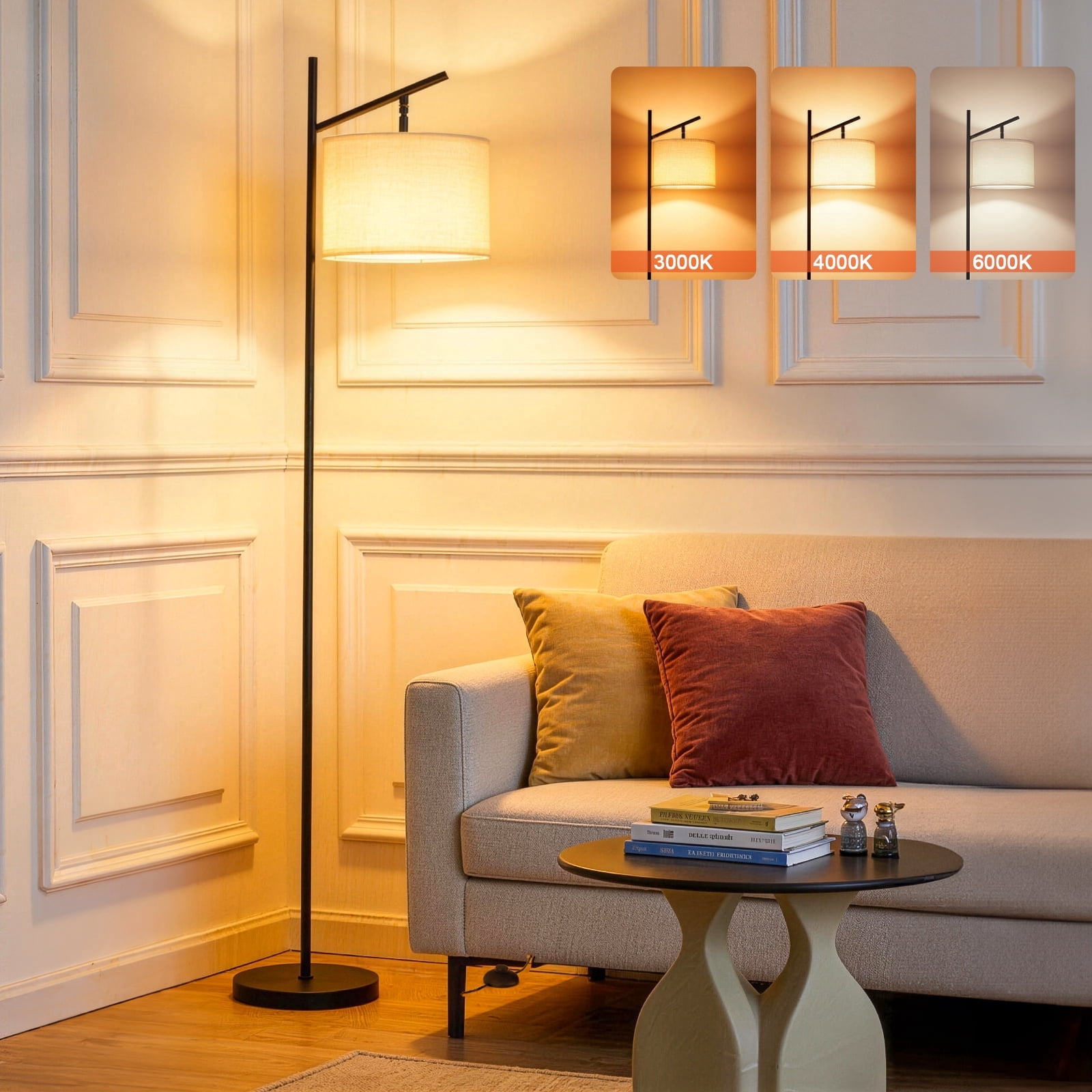Floor Lamps for Living Room, Standing Lamp with 3 Color Temperatures, Arc Tall Lamp for Bedroom Office, Black