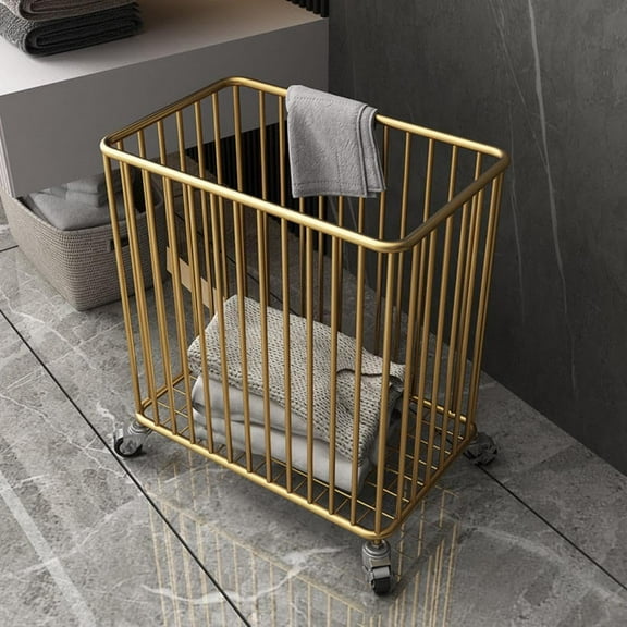 Floor Laundry Hamper with Wheels, Modern Laundry Basket Cart Rolling Storage Hamper Metal Storage Cart Gold for Bathroom Laundry Room Bedroom Living Room