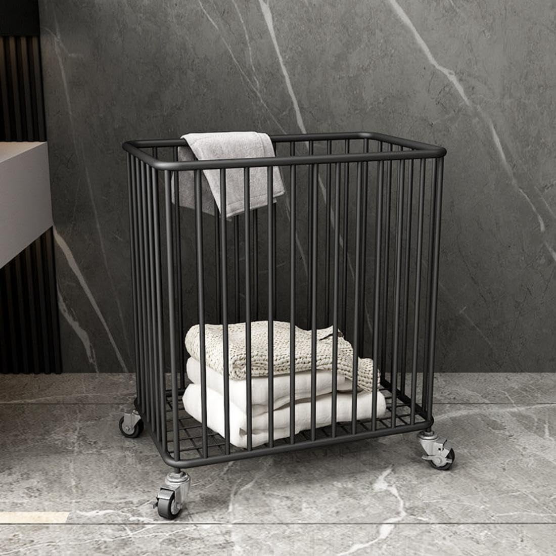 Floor Laundry Hamper with Wheels, Modern Laundry Basket Cart Rolling Storage Hamper Metal Storage Cart Gold for Bathroom Laundry Room Bedroom Living Room