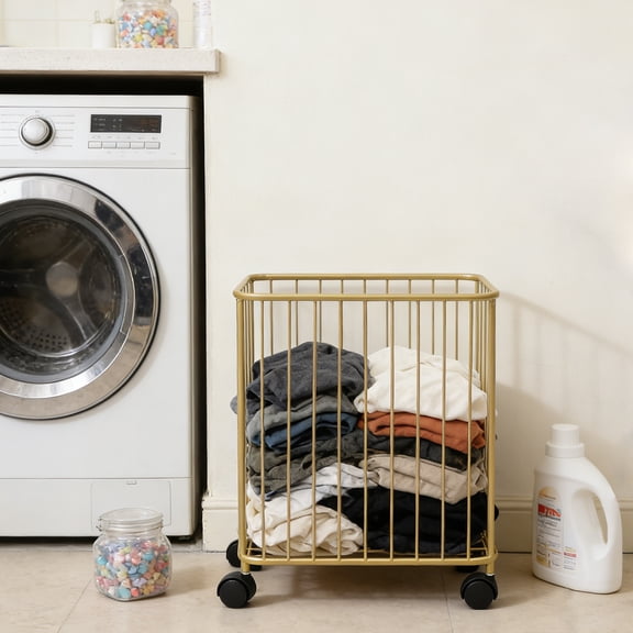 Floor Laundry Hamper with Wheels, Modern Laundry Basket Cart Rolling Storage Hamper, Gold Storage Cart