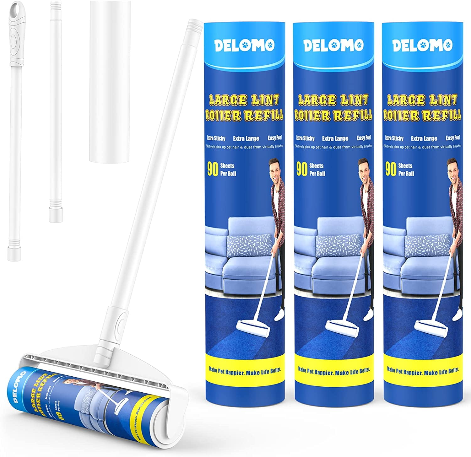Floor Lint Rollers, DELOMO 9.45in Large Sticky Rollers with Long Handle