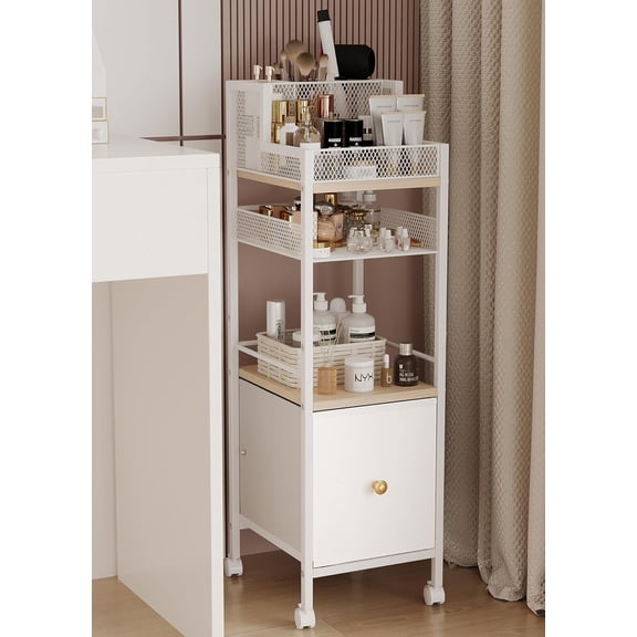 Floor Makeup Organizer Cart Narrow Makeup cart for Bathroom Bedroom Skincare Organizers and Storage with Drawers Cosmetics Display Cases Holder for Skin Care Nail Polish Perfume Makeup Brush