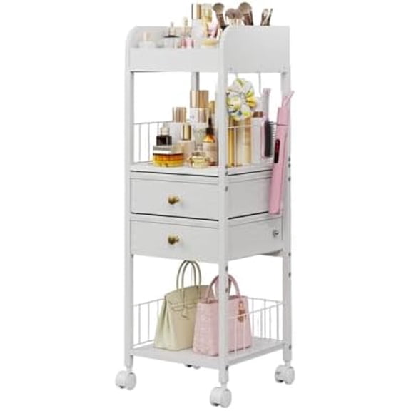 Floor Makeup Organizer with Lockable Wheels & 8 Dividers, 2-Drawer Rolling Skincare Cart for Cosmetics/Perfume/Nail Polish, Mobile Vanity Storage - White (Bathroom/Bedroom Use)