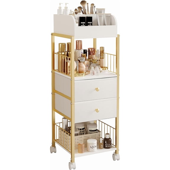 Floor Makeup Organizer Storage Cart - Rolling Makeup Cart with Drawers, Skincare Make Up Organizers and Storage, Cosmetics Display Cases Holder for Skin Care Nail Polish Perfume Makeup Brush (White)