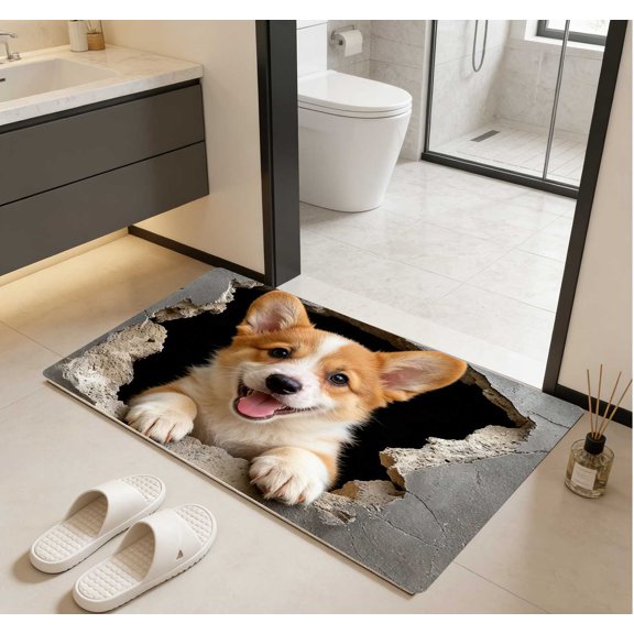 Floor Mat - Breakthrough Wall Corgi Design, Cute Style, Non-Slip Wear-Resistant, Suitable for Entryway, 1 Piece 40x60cm