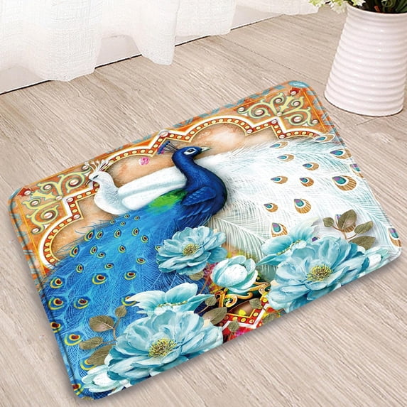 Floor Mat Printing Peacock Bathroom Mats Colored Feathers Doorway Kitchen Absorbent Non-Slip Carpet Home Decoration Products Can Be Washed-20x32 Inch