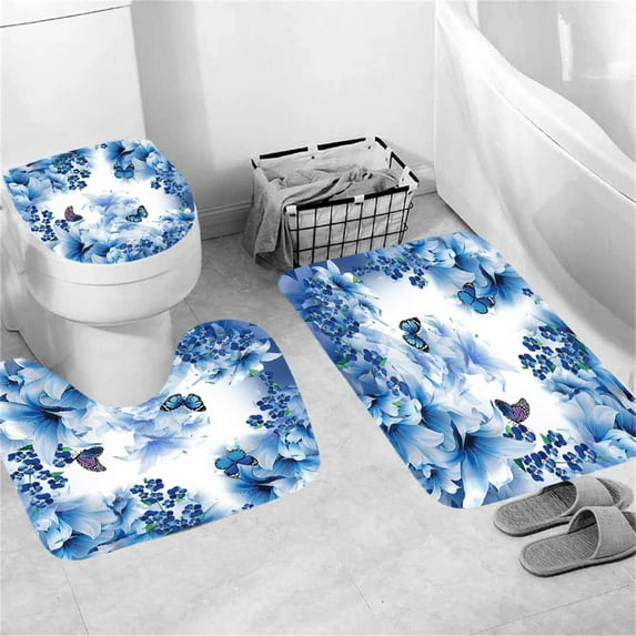 Floor Mat Three Piece Set Blue Butterflies 3 Bathroom Rugs Set Bath Rug Mat and Toilet Lid Cover Toilet Mat