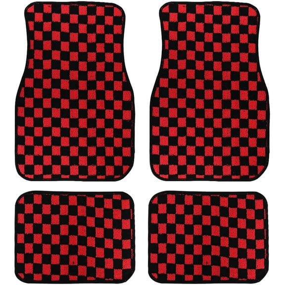 Floor Mats 4Pcs JDM Racing Plush Floor Mat Checkers Vehicle Front Rear Carpets Universal Car Floor Carpet Rugs Non-Slip Car Decoration Lightweight(Red)