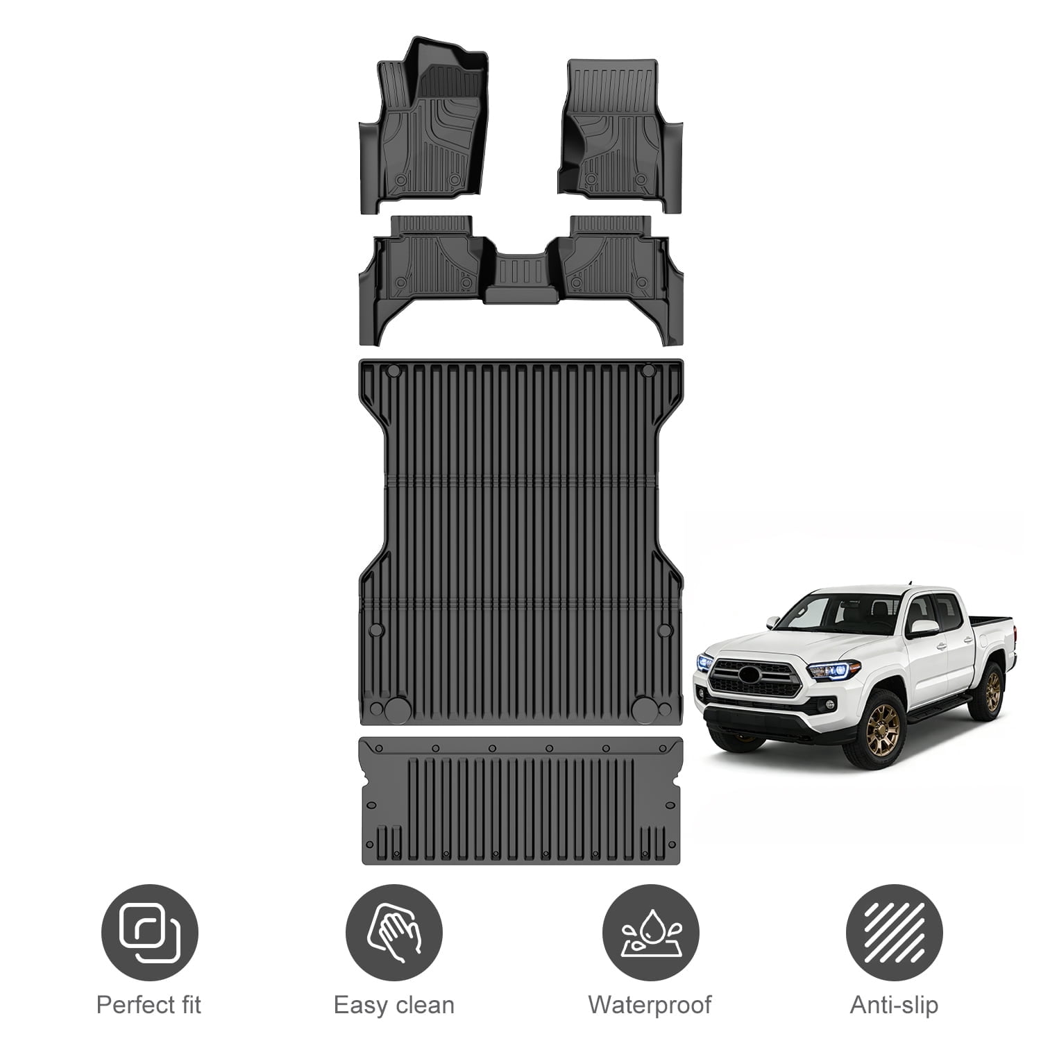 Floor Mats & Bed Mat &Tailgate Mat Fit for 2024-2026 Toyota Tacoma Accessories Double Cab Front & Rear 2-Row Custom Fit TPE, Automatic Trans- Exclude Hybrid, Manual