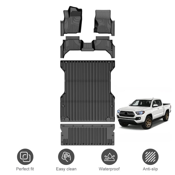 Floor Mats & Bed Mat &Tailgate Mat Fit for 2024-2026 Toyota Tacoma Accessories Double Cab Front & Rear 2-Row Custom Fit TPE, Automatic Trans- Exclude Hybrid, Manual