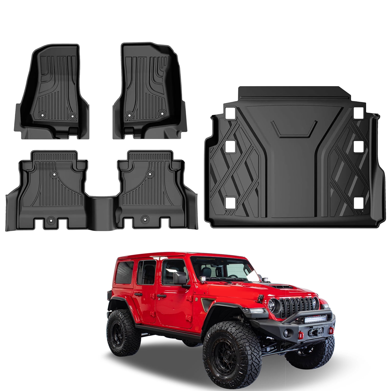 Floor Mats & Cargo Liner Compatible for Jeep Wrangler JL 2018-2024 4 Door Sahara Rubicon without Subwoofer (Non JK or 4XE) All Weather Wrangler Floor Liner for 1st, 2nd Row and Trunk Full Set Car Mat