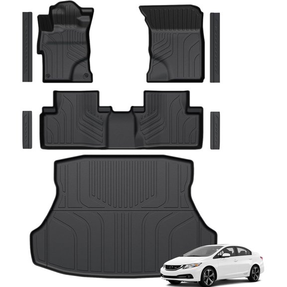 Floor Mats for  Civic Sedan 2012-2015,  Weather Floor Mats Trunk Cargo Liner and Door Sill Guards Accessories, Full Coverage Set (Not fit Coupe or Hybrid Models)