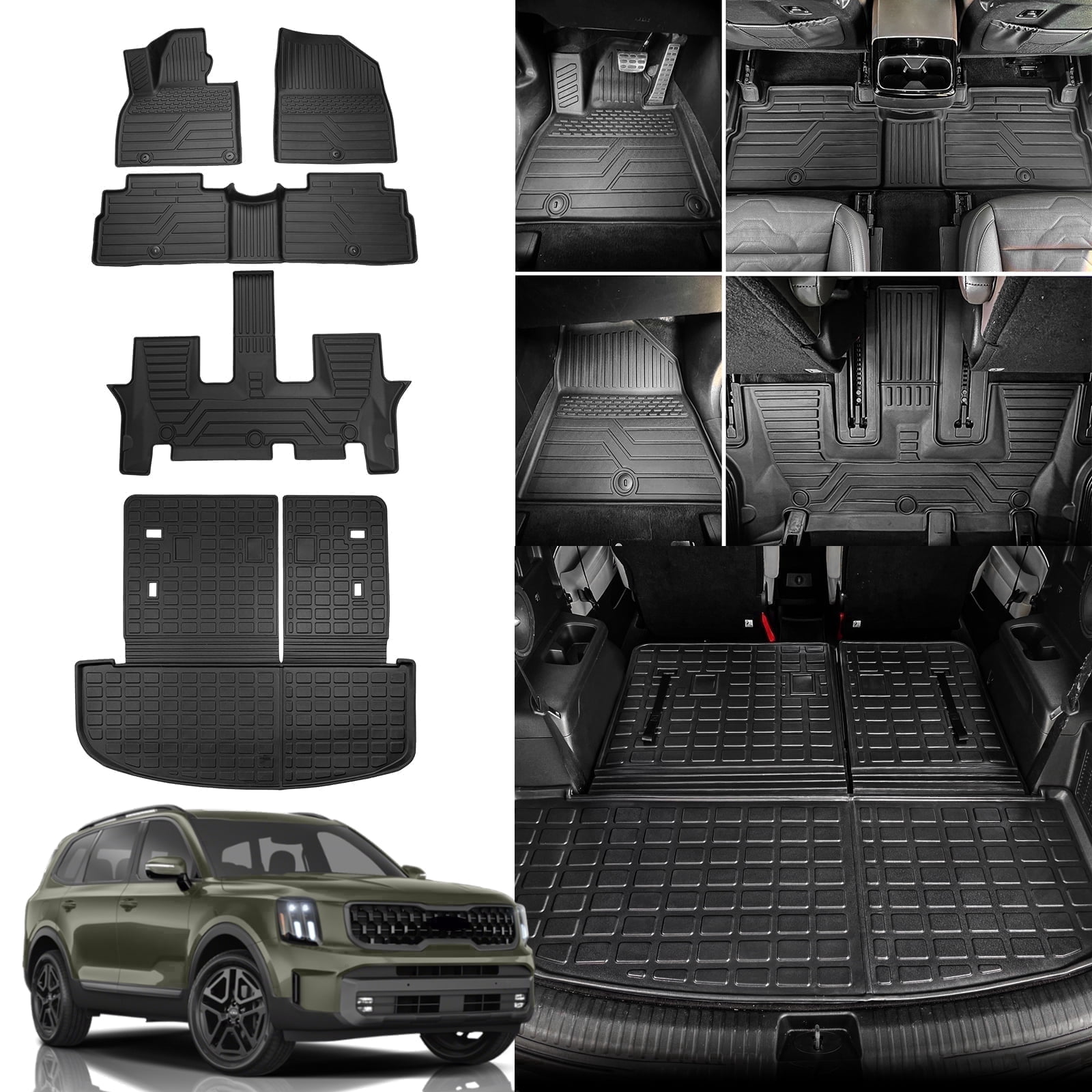 Bomely Tpe All Weather Full Set Floor Mats & Cargo Backrest Liner, Fits Kia Telluride 20-25 7&8-Seater Trunk Mat Kit