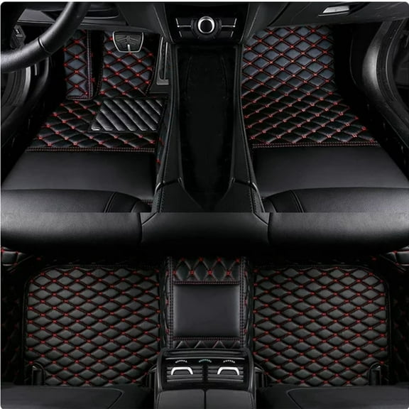 Floor Mats for Infiniti QX70/FX35/FX50 2009-2022 All-Weather 100% Protection Luxury Leather Custom for Floor Mats Front Rear Floor Carpets for Cars, Black with Red Stitching