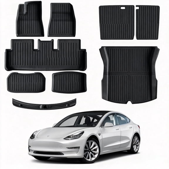 Floor Mats TPE All Weather Liners for Tesla Model 3 Highland 5 Seater 2024-2026 9 Pieces Includes Seat Back Liners and Trunk Sill Guard