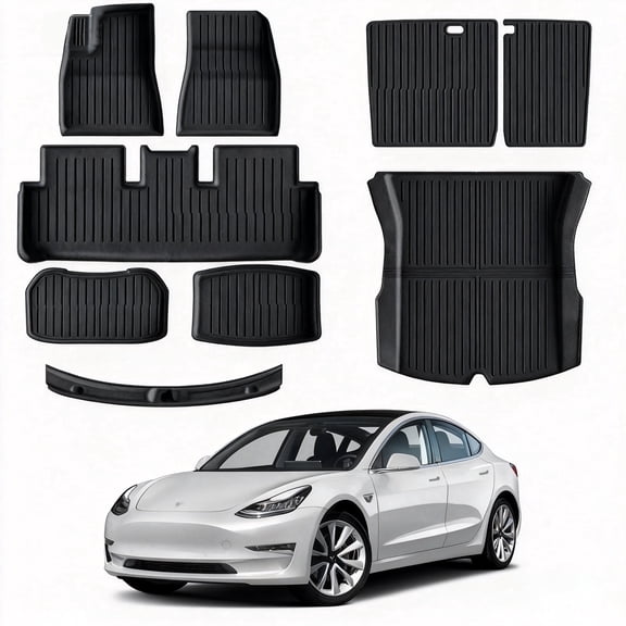 Floor Mats TPE All Weather Liners for Tesla Model 3 Highland 5 Seater 2024-2026 9 Pieces Includes Seat Back Liners and Trunk Sill Guard