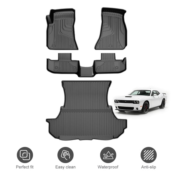 Floor Mats & Trunk Mat for 2016-2023 Dodge Challenger RWD (Rear Wheel Drive only) TPE All Weather Waterproof Heavy Duty Non-Slip Full Set Car Protection Accessories