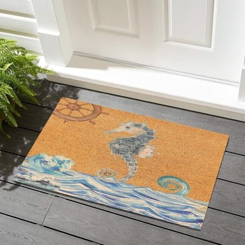 Floor Mats for House Ocean Beach Nautical Theme Sea Horse Elegant Outdoor Doormat Rug Under The Sea Octopus Crab Fish Entry Door Rugs 16x24 Inch.