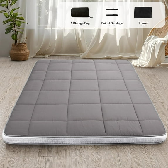 Floor Mattress, Padded Japanese Futon Mattress Quilted Bed Mattress Topper, Extra Thick Folding Roll Up Sleeping Pad Breathable Floor Lounger Guest Bed for Camping Couch, Gray, Full Size