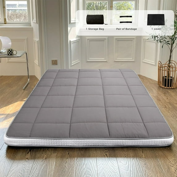 Floor Mattress, Padded Japanese Futon Mattress Quilted Bed Mattress Topper, Extra Thick Folding Roll Up Sleeping Pad Breathable Floor Lounger Guest Bed for Camping Couch, Gray, Queen Size