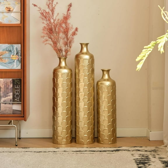 Floor Metal Decorated Vases Set of 3 for Gorgeous Home Decoration Large Glazed Metal Vases (Gold)