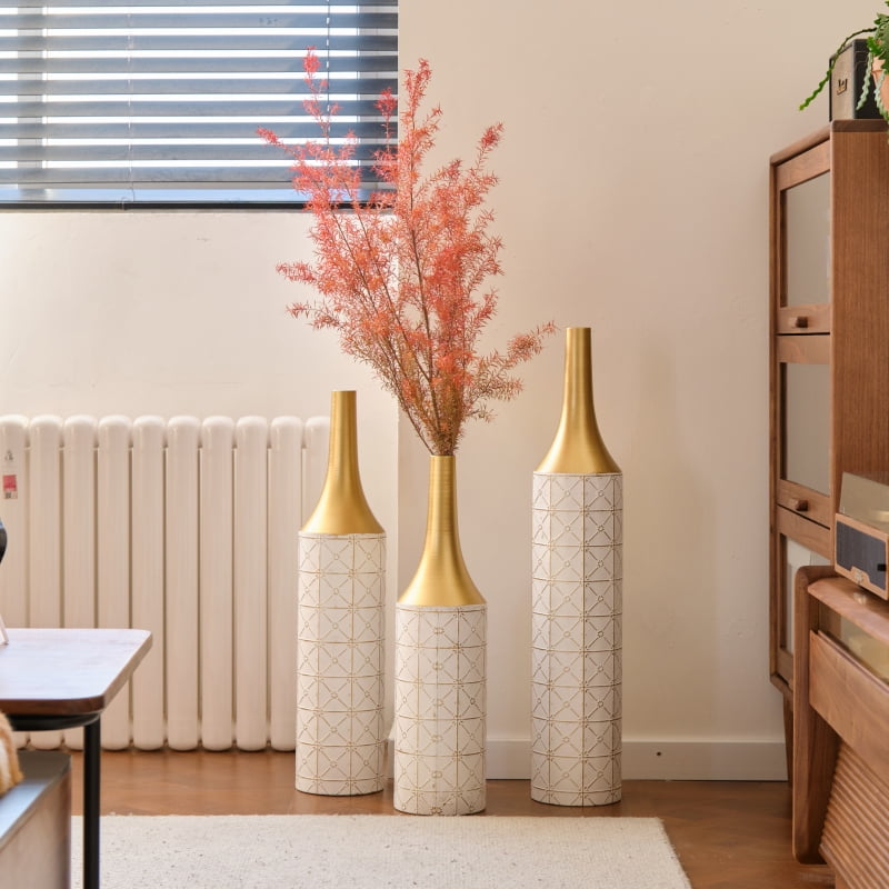 Floor Metal Vases Decorated White Metal vases Set of 3 gorgeous home decoration large glazed metal vases 24.8in/29in/33.8in height