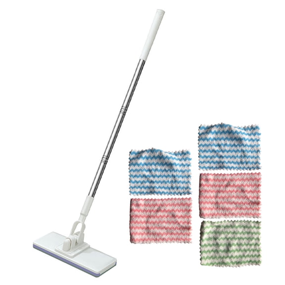 Floor Mop 37.4" x 6.1" x 3.5" Floor Handle Mop With Pressure Clamp System No Need To Wash Hands Mop With 5 Reusable Fine Fiber Cloth Mops Automatic Cloth Clamping One Click Replacement Mop Cloth