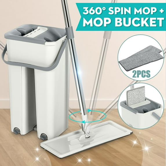 Floor Mop and Bucket Set Flat Mop Bucket System Flexible Mop Head 2 Reusable Microfiber Pads Home Hardwood Floor Mop Bucket with Wringer Extended Stainless Steel Handle Mop