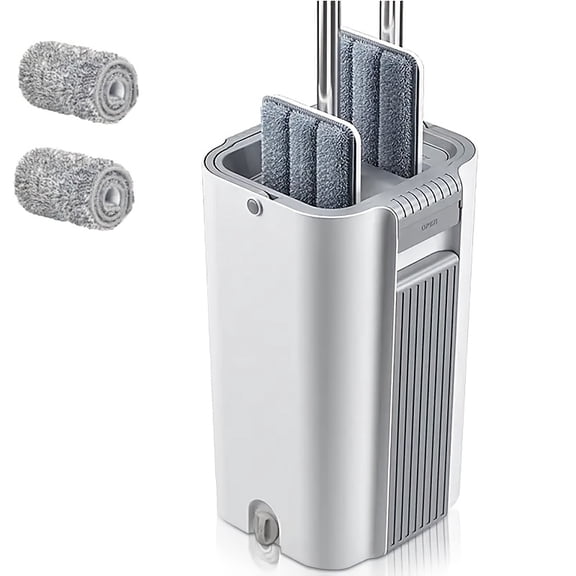 Floor Mop & Bucket Set - Hands-Free Wash, 2 Microfiber Pads, Wet/Dry Cleaning, Flexible Rotating Mop, Water-Scraping Bucket - Easy Clean Household Cleaning Supplies