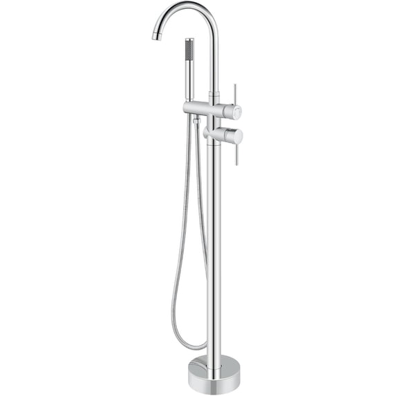 Floor Mount Bathtub Faucet Flow Freestanding Tub Filler Standing Shower Faucets with Swivel Gooseneck Spout and Cylinder Handheld Spray, Brushed Gold