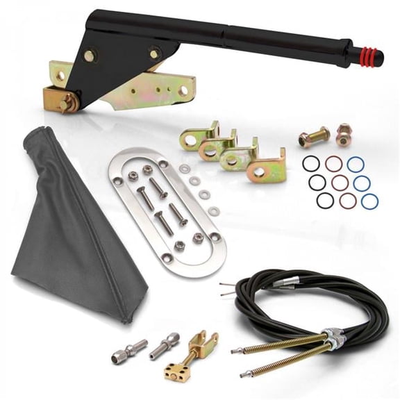 Floor Mount Black Emergency Parking Brake Grey Boot, Chrome Ring & Cable Kit