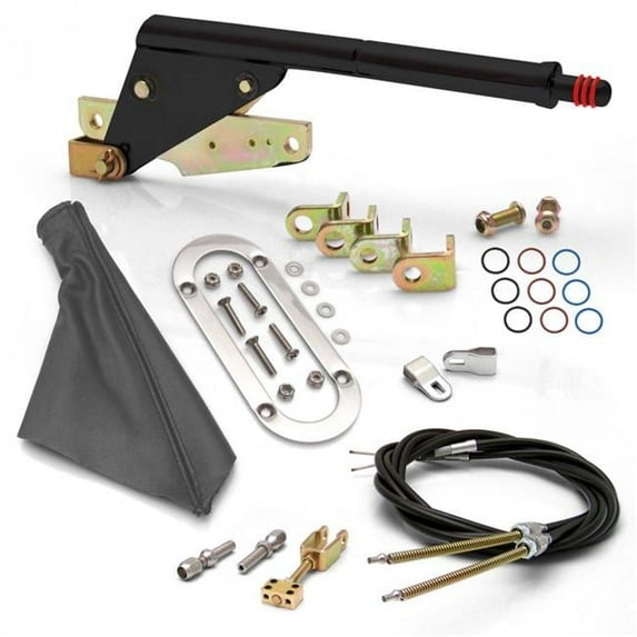 Floor Mount Emergency Brake Handle Boot Ring & Cable Kit for Ford Clevis, Black, Gray & Chrome