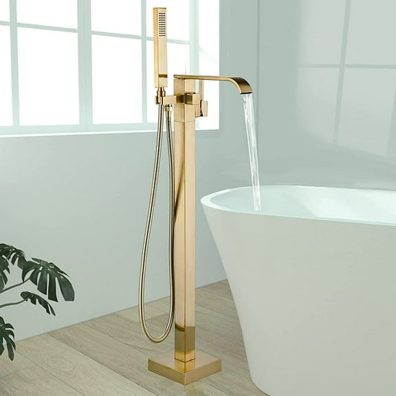 Floor Mounted Brushed Gold Free Standing Bathtub Faucet Shower Tub Filler Spout