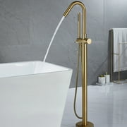 Floor Mounted Freestanding 360 Swivel Spout Bathtub Tub Filler With Hand Showerhead Brushed Gold Brass Finish, Brushed, Gold Finish