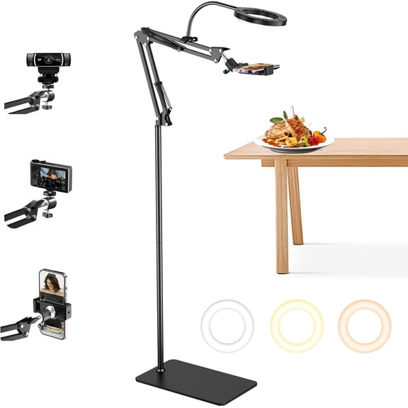 Floor Overhead Phone Mount with Ring Light for Filming, TikTok, Live Stream, LED Selfie Light Phone Tripod Stand for Content Creators, Compatible with iPhone & Android, Hand-Free for Recording