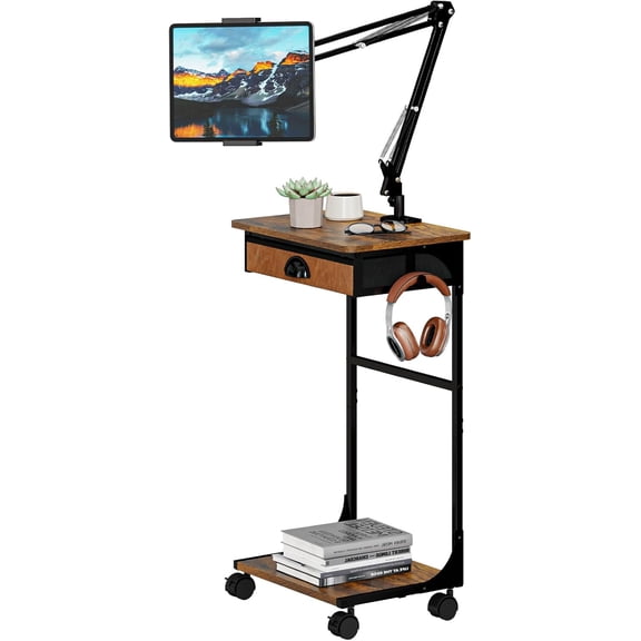 Floor Phone Tablet Stand with Drawer & Storage Shelves, Angle Height Adjustable Tablet Cell Phone Holder For Bed with Rotating Wheels