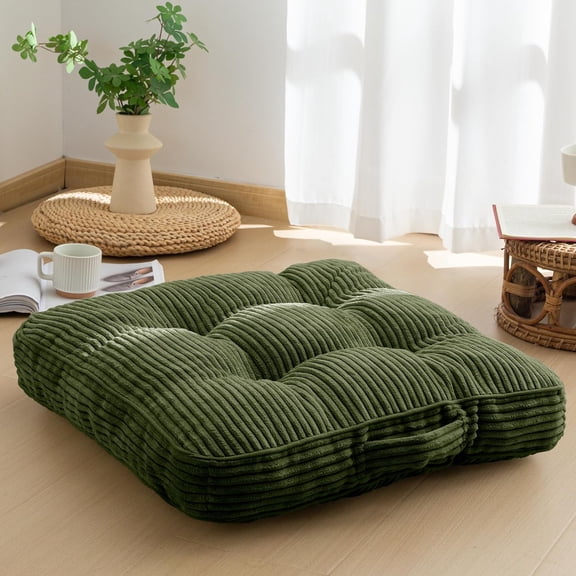 Large Dark Green Square Tufted Corduroy Floor Pillow Cushion for Adults, Meditation Cushion for Yoga, Tatami, Living Room Seating