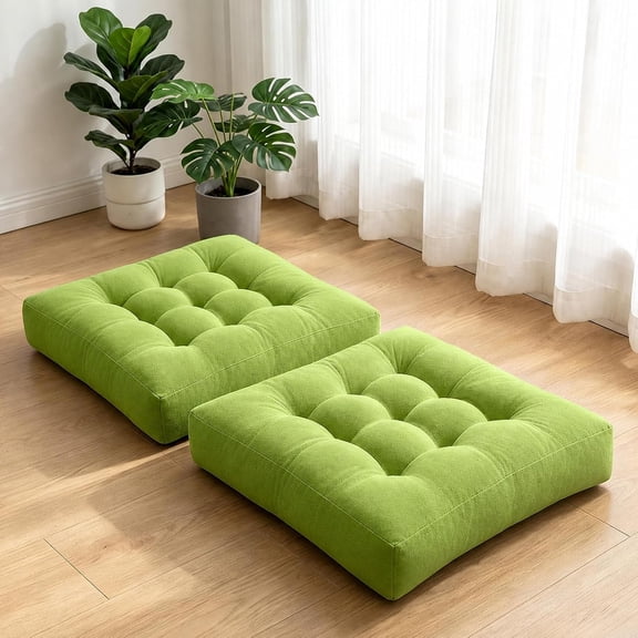 Floor Pillow Set of 2 Large 20 Inch Floor Cushion for Adults Tufted Corduroy Meditation Cushion for Sitting Thick Square Seat Cushions for Yoga Living Room Tatami Home Office Fireplace Decor,Green