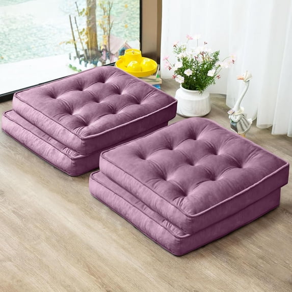 Floor Pillow Set of 4, Memory Foam Meditation Cushion, Floor Cushions for Adults Sitting, Large Square Seat Cushions for Yoga, Living Room, 20x20 Inch (Purple)