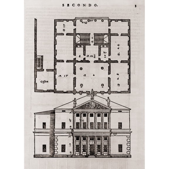 Floor Plan And Elevation Of A Classical Style House From Andrea Palladio'S History (18 x 24)