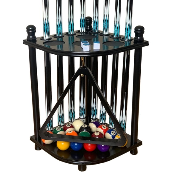 Floor Pool Cue Rack Hold 8 Cue Sticks & Billiard Accessories. Corner Stand Pool Cue Holder Made of 100% Solid Hardwood. Provided Ball Rack Hook. CUE RACK ONLY (Black)